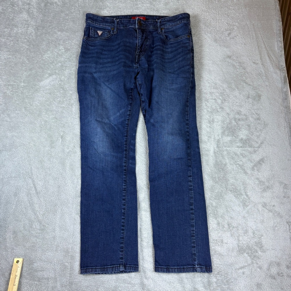 Guess Jeans Men 33 Slim Fit Blue Whiskered Faded Stretch Denim Casual
